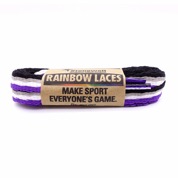 A pair of laces in the colours of the ace (asexual) pride flag, with Stonewall Rainbow Laces paper packaging holding them together