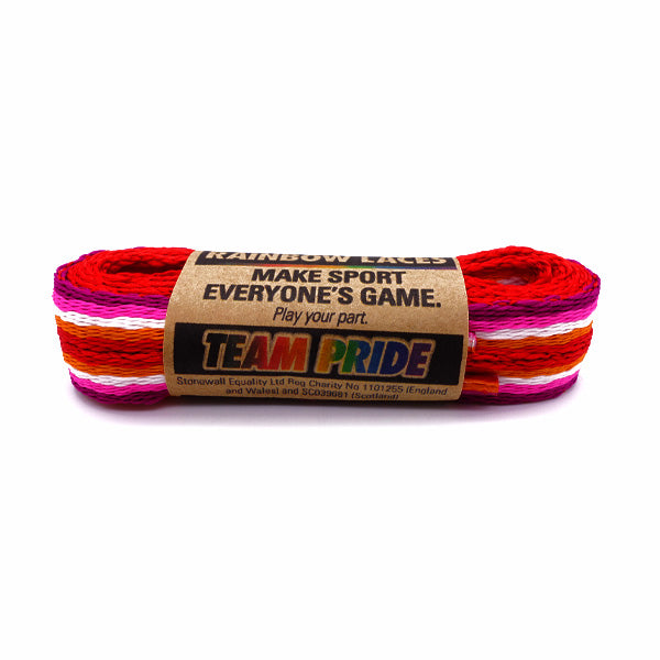 A pair of laces in the colours of the lesbian pride flag, with Stonewall Rainbow Laces paper packaging holding them together