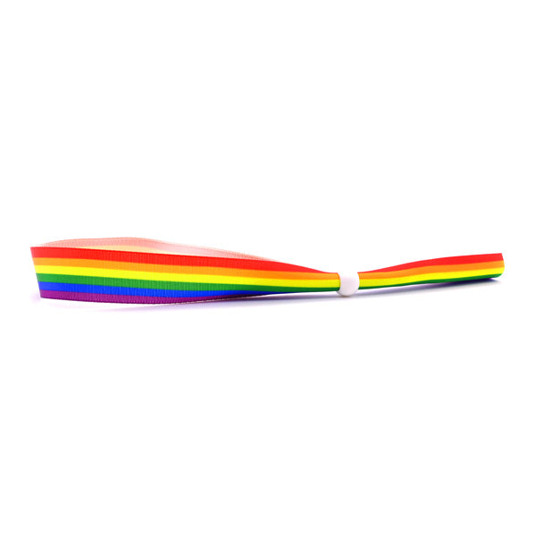A wristband in the colours of the rainbow pride flag