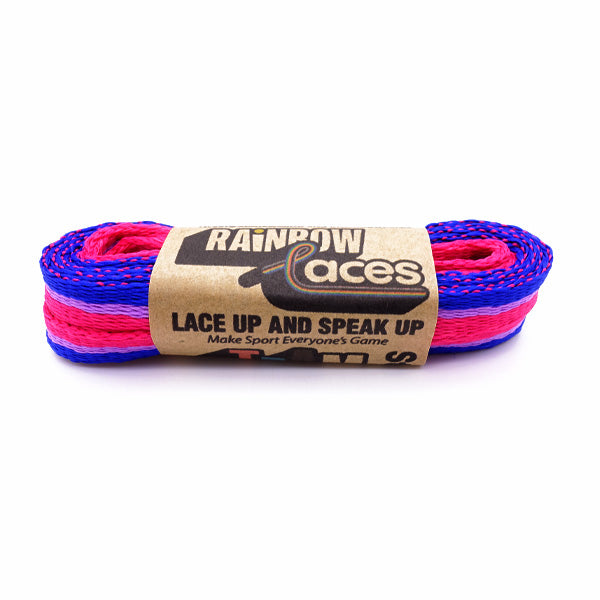 A pair of laces in the colours of the bi (bisexual) pride flag, with Stonewall Rainbow Laces paper packaging holding them together