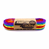 Glittery rainbow pride laces with the Stonewall Rainbow Laces 10th anniversary packaging.