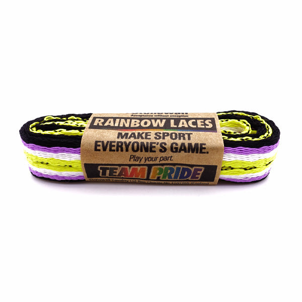 A pair of laces in the colours of the non-binary pride flag, with Stonewall Rainbow Laces paper packaging holding them together