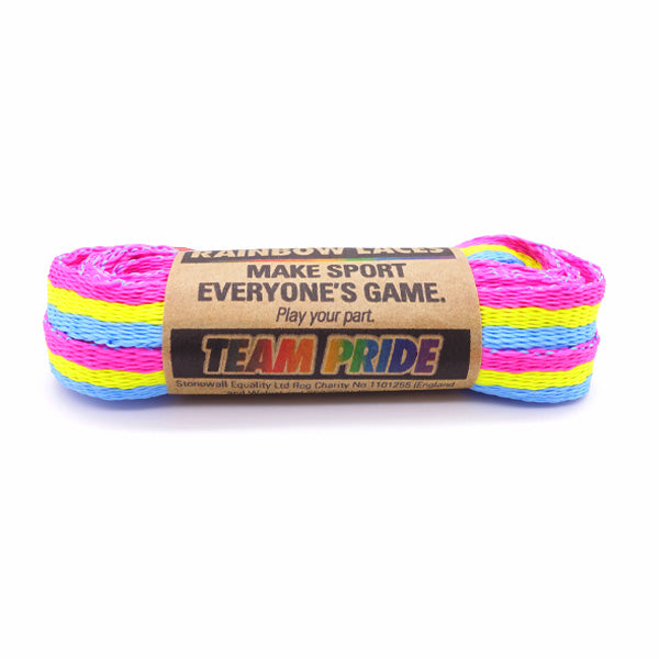 A pair of laces in the colours of the pan (pansexual) pride flag, with Stonewall Rainbow Laces paper packaging holding them together