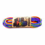 A pair of rainbow pride laces (professional) in Stonewall Rainbow Laces paper packaging