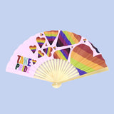 Bamboo & Paper Fan with "Take Pride" sand rainbow hearts printed on it, size 23cm x 41cm