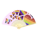 Bamboo & Paper Fan with "Take Pride" sand rainbow hearts printed on it, size 23cm x 41cm