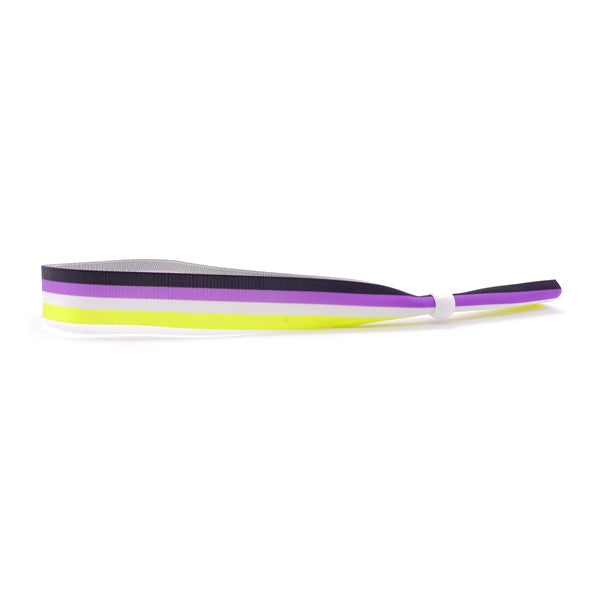 A wristband in the colours of the enby (non-binary) pride flag