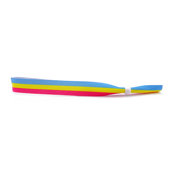 A wristband in the colours of the pan (pansexual) pride flag