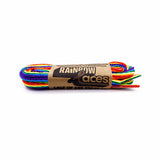 A pair of rainbow pride laces (short) in Stonewall Rainbow Laces paper packaging
